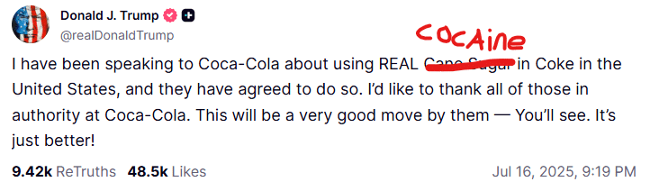 Trump Coca-cola truth social post