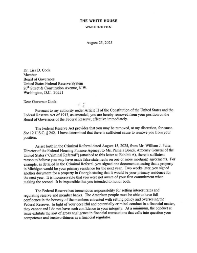 Trump Cook Fed Letter