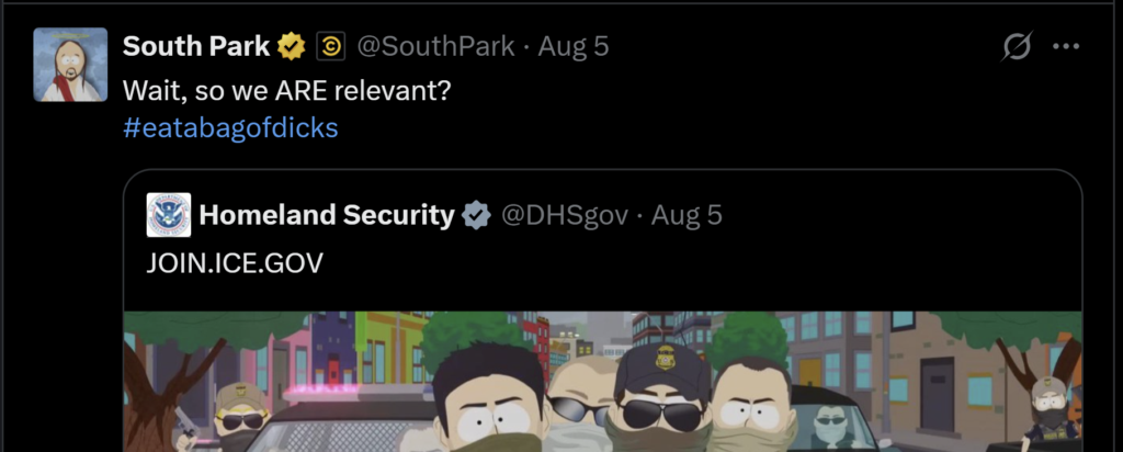 South Park Tweet Response to ICE Tweet