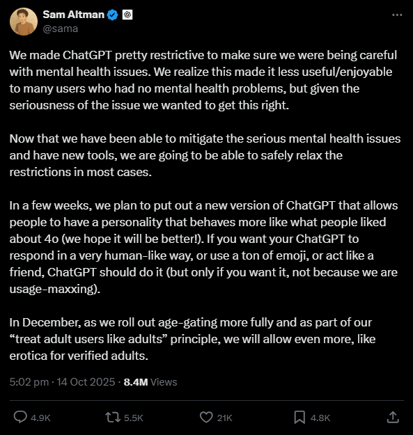 ChatGPT Sam ALtman Erotica tweet
