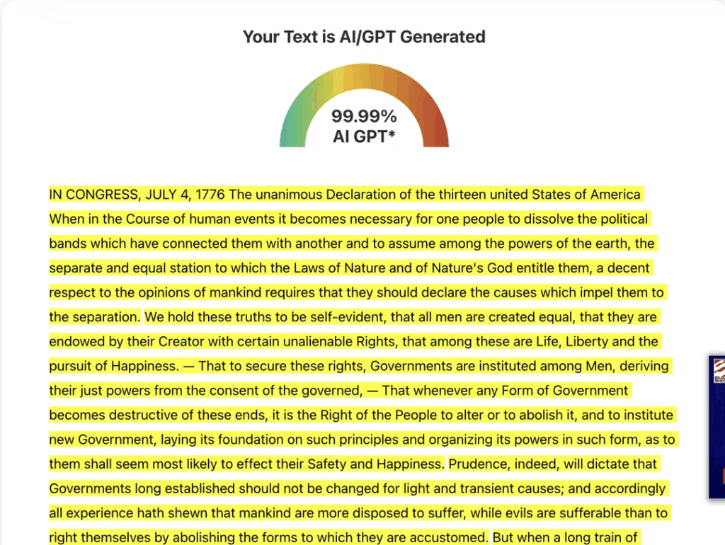 An AI Detector Just Flagged The Declaration Of Independence As 99.9% AI-Generated: Was George Washington Secretly An LMM?