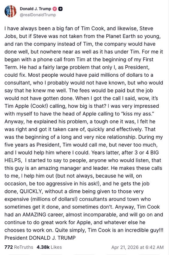 Trump apple tim cook truth social post